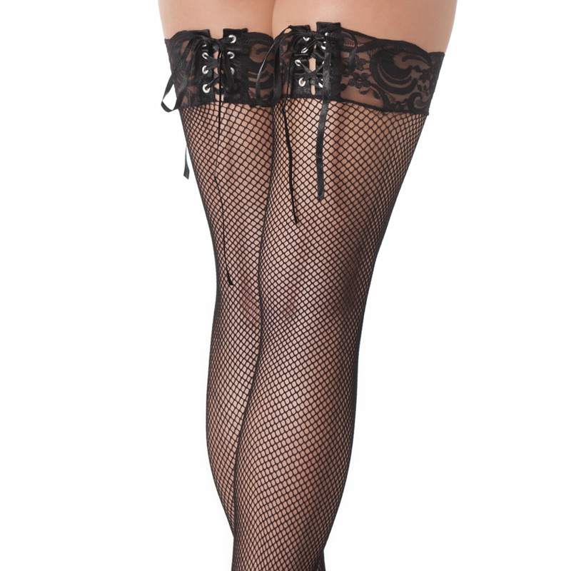 Black Fishnet Stockings with Lace Ribbon Tops Black Fishnet Stockings with Lace Ribbon Tops